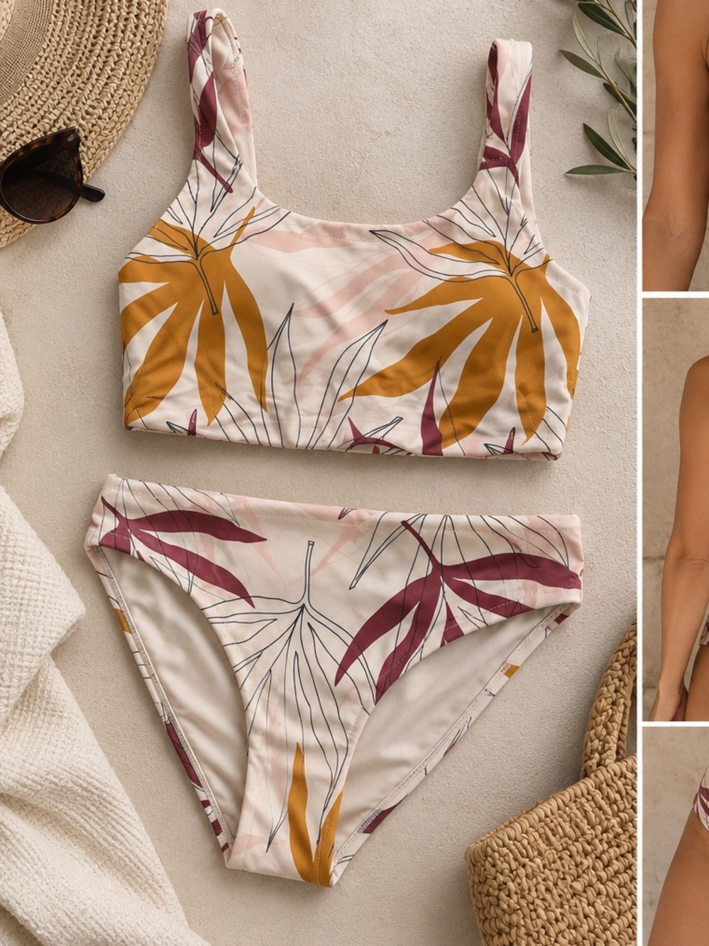 Senita Athletics Cream Bikini Set with Mustard & Burgundy Leaf Print